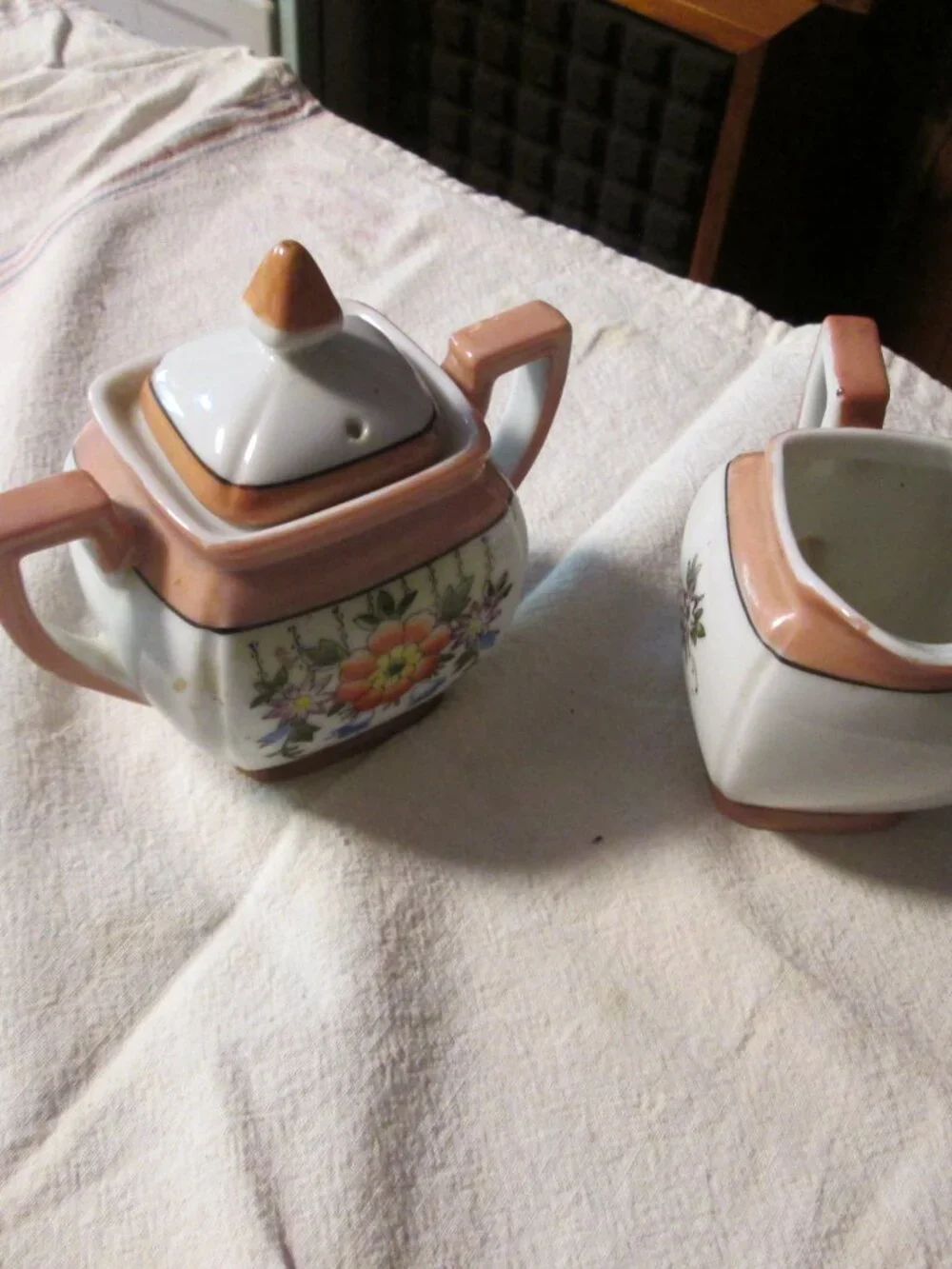occupied Japan cream sugar 3 pc set pink white floral china stunning set
